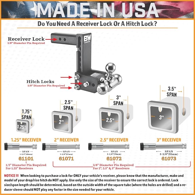 61572 | 2 Pack, Keyed Alike, Receiver Locks for 2" and 2.5" Receiver Class III, IV, V and Gen-Y Hitch Mega Duty 10K LB & 16K LB