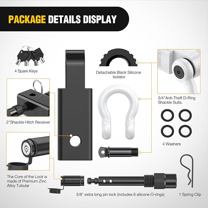 Nilight Anti-Theft Shackle Hitch Receiver 2Inch 45000 LBs Breaking Strength 3/4" Anti-Theft D Ring Shackle 5/8" Trailer Hitch Lock Pin Heavy Duty Solid Towing Kit for Trucks Off Road (White)