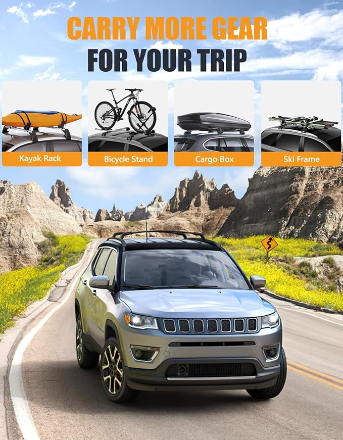 KINGGERI 260lbs Lockable Roof Racks Cross Bars Compatible with Jeep Compass 2018-2025, All Aluminum Heavy Duty Crossbars Rooftop Cargo Basket Luggage Kayak Canoe Snowboard Bike SUV Accessories