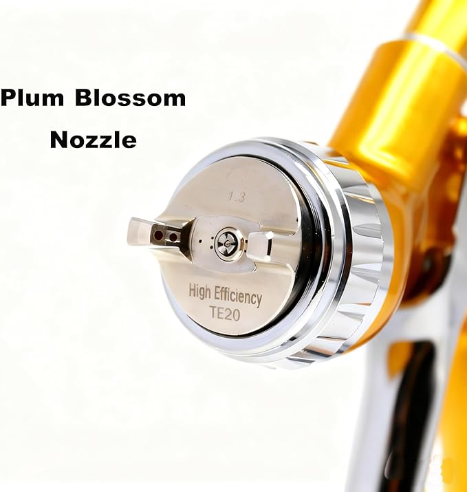 HVLP Spray Gun with 1.3mm Plum Blossom Shape Nozzle, Car Paint Gun Premium Tool Kit，Car & Automotive Paint Gun Sprayer, for Furniture, House Finishing, Varnish and Top Coat (Gold（Plum Blossom Nozzle）)