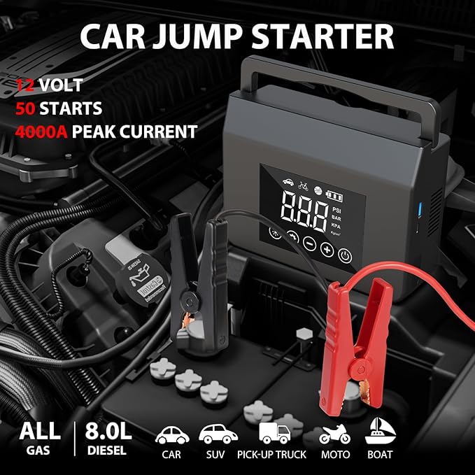 Jump Starter with Air Compressor, 4000A Car Battery Jump Starter(ALL Gas/8.0L Diesel) with 150PSI Tire Inflator 12V Car Battery Jump Power, 15000mAh PowerBank With LED Light, with Type-C Quick Charge.