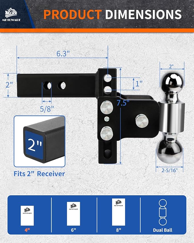 METOWARE Adjustable Trailer Hitches Fits 2-Inch Receiver - Adjustable Ball Mount with 4-Inch Drop/Rise (12,500 LBS GTW) - Dual Ball (2'' x 2-5/16'') and Anti-Theft Stainless Steel Trailer Lock
