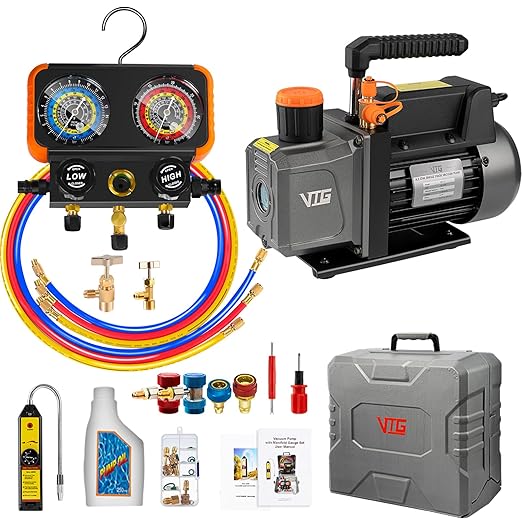 R1234yf AC Vacuum Pump and Gauge Set,4.5CFM Vacuum Pump Manifold Gauge Kit for Auto HVAC Compatible with R1234yf,R404a,R134a,Includes Leak Detector,R1234yf Can Tap,Quick Coupler Adapters