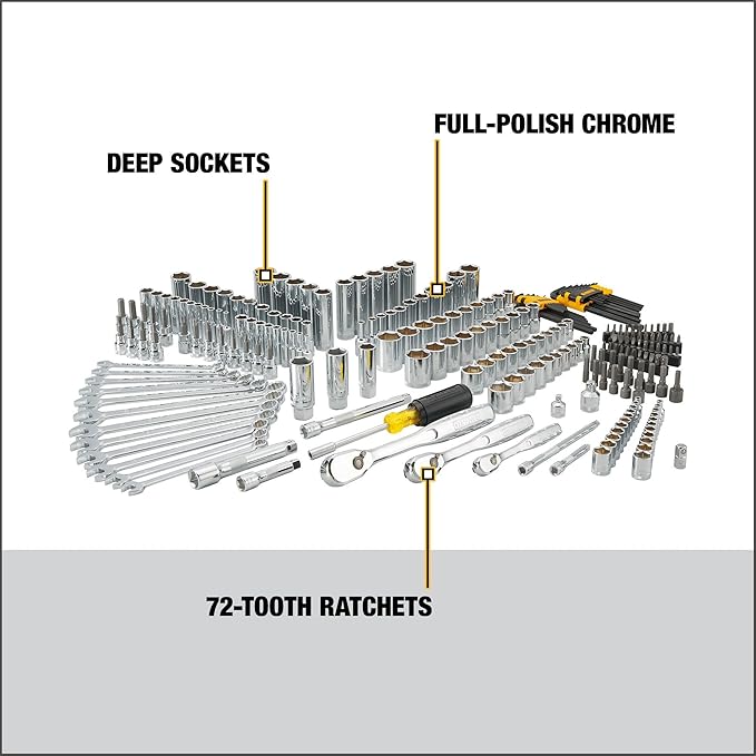 DEWALT Mechanic Tool Set, 247-Piece, 1/4 in., 3/8 in. and 1/2 in. Drive, SAE, Ratchets, Sockets, Hex Keys, Combination Wrenches, Polish Chrome Finish (DWMT81535)