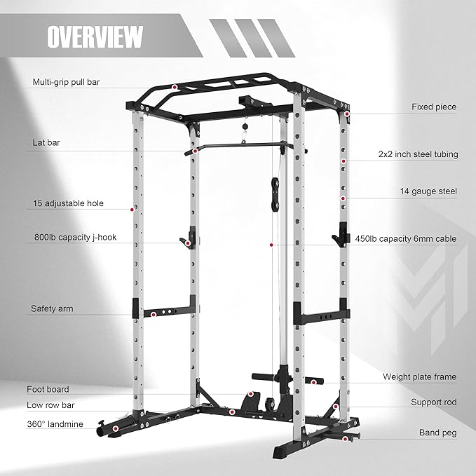 Power Rack Home Gym Package, 1600LBS Capacity Power Cage with 1.2" Diameter Multi-Grip Pull-Up Bar, LAT Pulldown System and Landmine Attachment, Gray P30