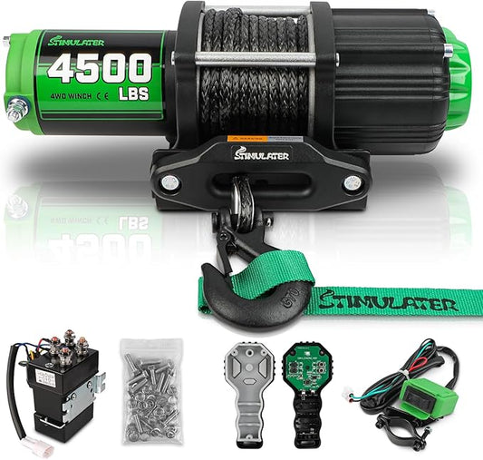STIMULATER 4500LB ATV Winch, with Synthetic Rope, with Wireless Remote and Wired Switch,Hawse Fairlead&Hook,IP67 Waterproof,Suitable for Most ATVs