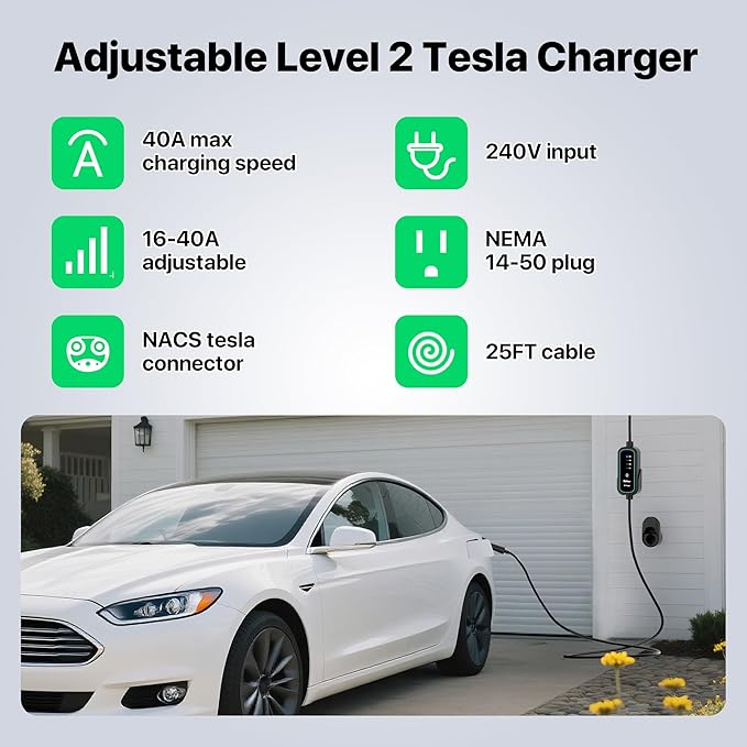 40A Level 2 EV Charger Portable J1772 Adjustable Amps 240V Mobile Electric Car Chargers with NEMA 14-50 Plug, 25FT Cable, Wall Mount Holster, Travel Storage Bag Included