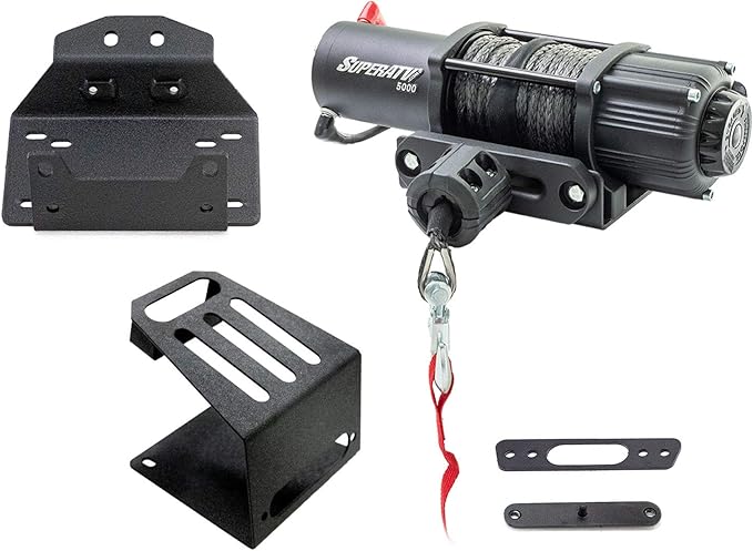SuperATV Black Ops 4500 LB Winch with Winch Mounting Plate for 2018-2021 Polaris RZR XP Turbo S | 2019-2021 RZR XP 4 Turbo S | For Use with No Bumper | No Drilling Required