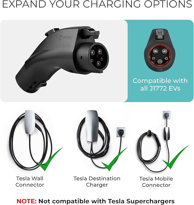 Lectron Tesla to J1772 Charging Adapter, Max 80 Amp & 250V - NACS Converter, Compatible with Tesla High Powered Connectors, Destination Chargers & Mobile Connectors for J1772 Electric Vehicles(Black)