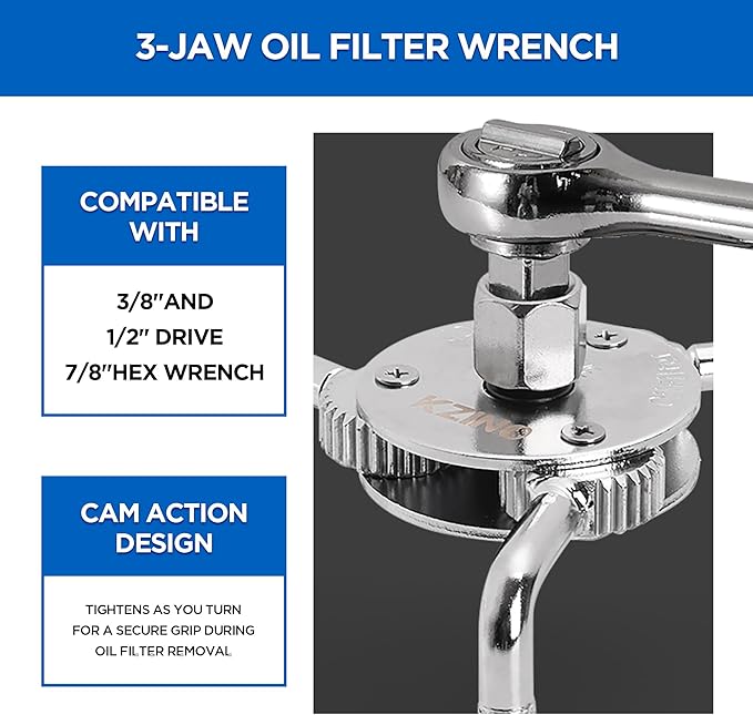 KZINO Oil Filter Removal Tool, Universal Oil Filter Wrench, Oil Filter Removal Tool Adjustable 2-1/2 to 4 inch & 3 to 5-1/2 inch, 1/2" Drive, Oil Filter Change Set (Flat & Round Set)