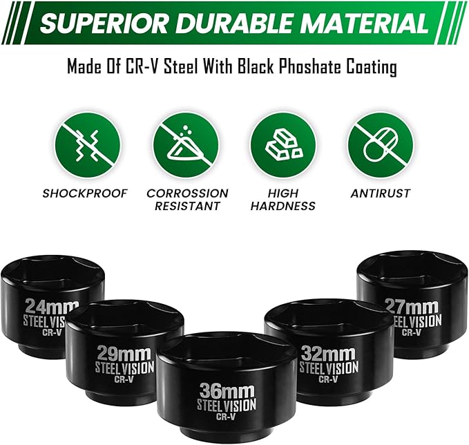 Steel Vision 5-Piece 3/8" Drive Low Profile Oil Filter Socket Set, Metric 24mm, 27mm, 29mm, 32mm, 36mm, Chrome Vanadium Steel, 6-Point Design, Laser-Etched Markings, Includes Storage Case