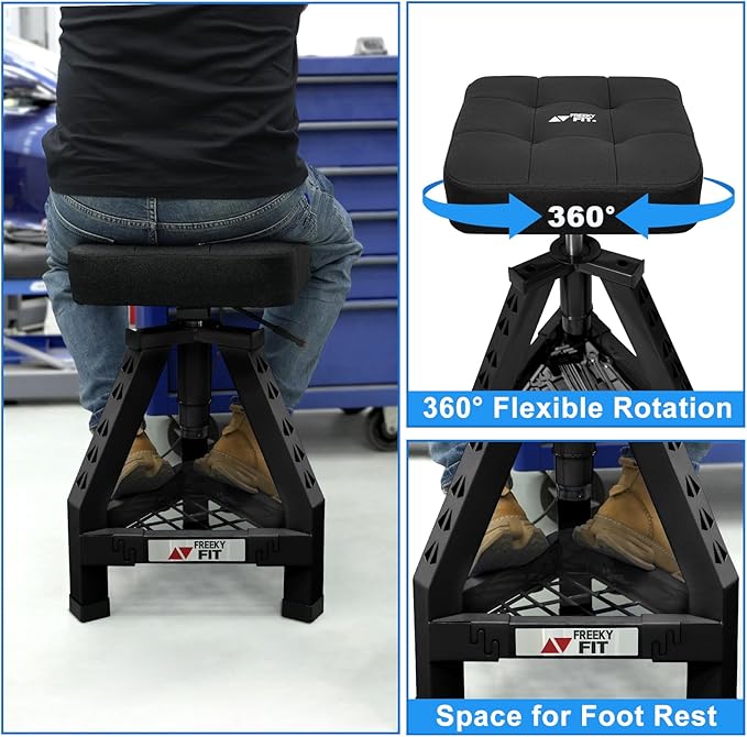 Adjustable Shop Stool,Garage Mechanic Stool Chair,Work Seat for Workshop, Adjustable Height, 360° Swivel Padded Square Seat,Tool Storage, 350 LBS Capacity, Heavy Duty, Black
