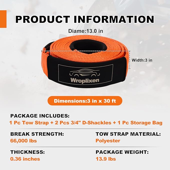 Double-Layer Heavy Duty Tow Strap with Hooks (3" x 30'), 66,000 lbs Breaking Strength - Includes 2 x 3/4" D-Rings, Off-Road Recovery Kit for Truck/SUV/ATV/RV