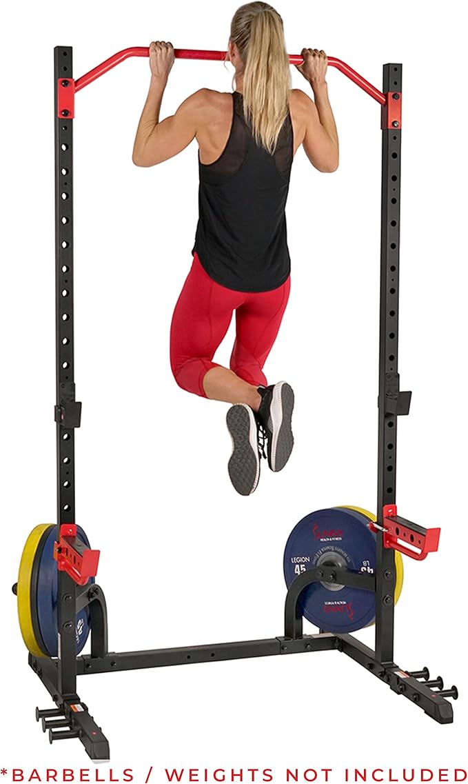 Sunny Health & Fitness Multifunctional Strength Training Home Gym – Complete Workout Equipment with Training Attachments, Optional Squat Stand, Power Rack Cage, Adjustable Incline Bench