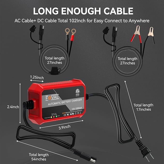 [2-Pack] FOVAL Fully Automatic Trickle Charger, 1000mA 12V Smart car Battery Charger, Battery Maintainer, Float Charger for Motorcycle Car Lawn Mower Boat SLA ATV Wet Gel Cell Lead Acid Batteries