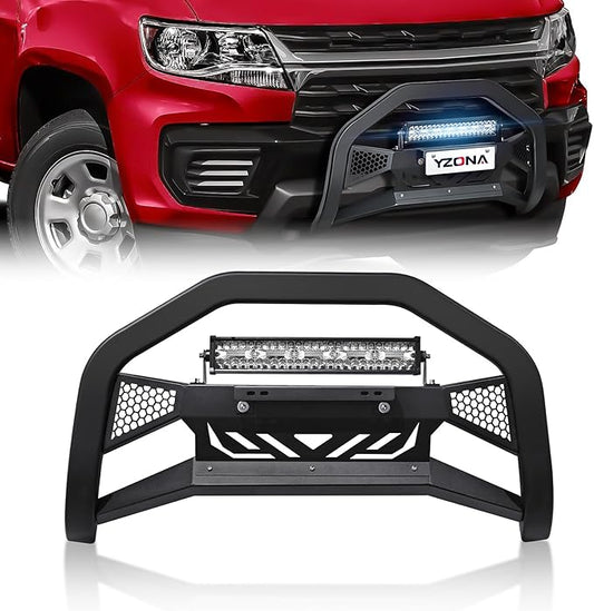 Bull Bar with LED Light Bar & License Plate Frame Compatible for 2015-2022 Chevy Colorado & GMC Canyon Front Grill Guard Grille, Truck Brush Guard, Bumper Push (Include Skid Plate & Light Mount)