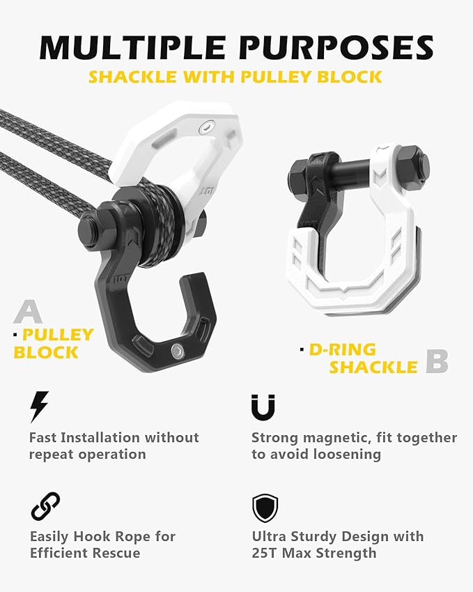 Separate D-Ring Shackle with Pulley Block, Towing Winch Snatch Block & 3/4" Separate D-Ring Shackle 2in1 Set, 57320lbs(26T) Breaking Strength, for Recovery, Blackwhite