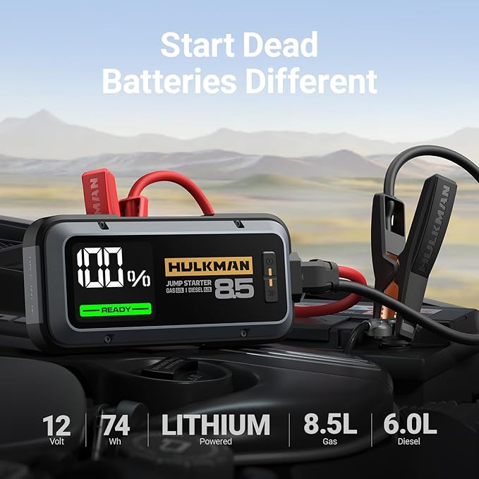 Hulkman Alpha85,Space Gray,2000A 74Wh Smart Jump Starter,12V Portable Car Battery Booster with 3.3" Display,USB-C Power Pack,5-Mode Flashlight,Jumper Cables for up to 8.5L Gas/6.0L Diesel