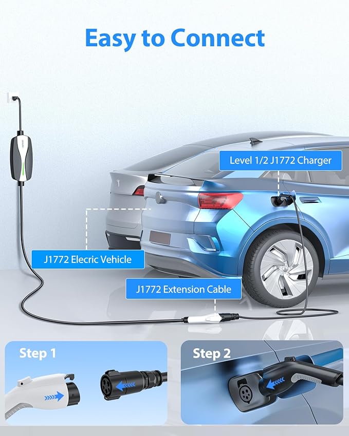 EV Charger Extension Cable, 21ft 40Amp J1772 Extension Cable Compatible with 110V-240V SAE J1772 EV Chargers, Suitable for J1772 EVs/PHEVs, Level 1/ Level 2 IP66 Car Charger Extension Cord with Bag