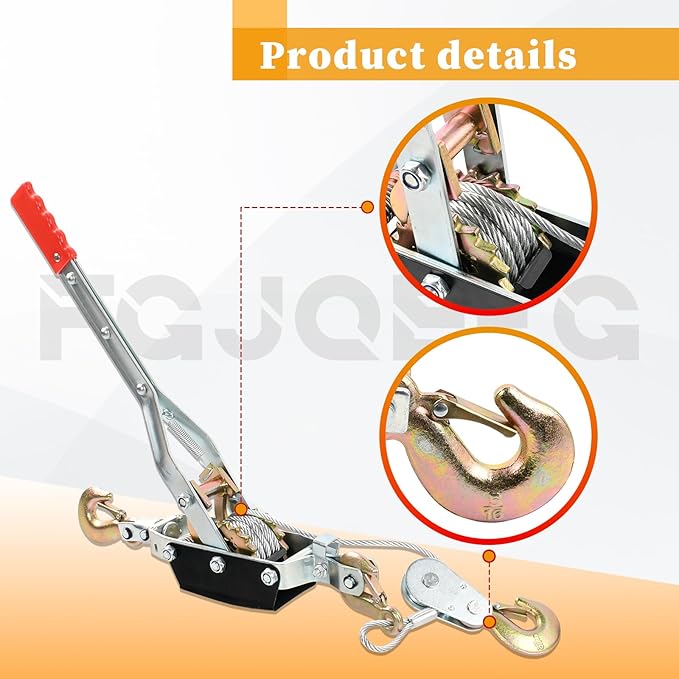 5 Ton Heavy Duty 3 Hook Steel Cable Dual Gear Power Puller Come Along Chain Winch Ratchet Tool with 3'' Inch x 8' Foot Winch Strap, Tow Strap (30,000 BLS Capacity)