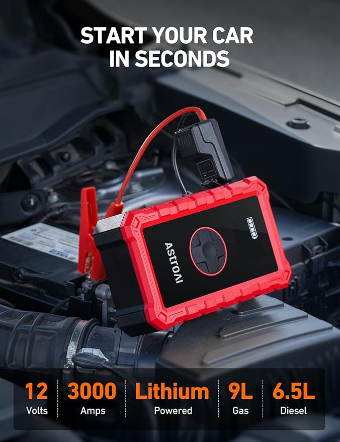 AstroAI S8 Air Jump Starter with Air Compressor,3000A Peak Car Battery Jump Starter Portable (9.0 Gas/6.5L Diesel) with 150PSI Cordless Auto-Shutoff Tire Inflator, 12V Battery Charger Booster(Red)