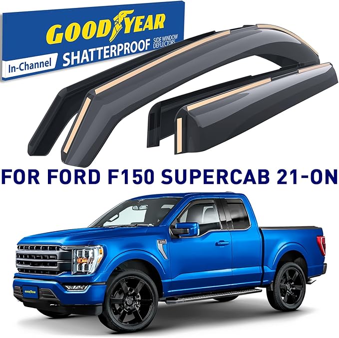 Goodyear Shatterproof in-Channel Window Deflectors for Ford F150 2021-2026 SuperCab, Rain Guards, Window Visors for Cars, Vent Deflector, Car Accessories, 4 pcs - GY003495