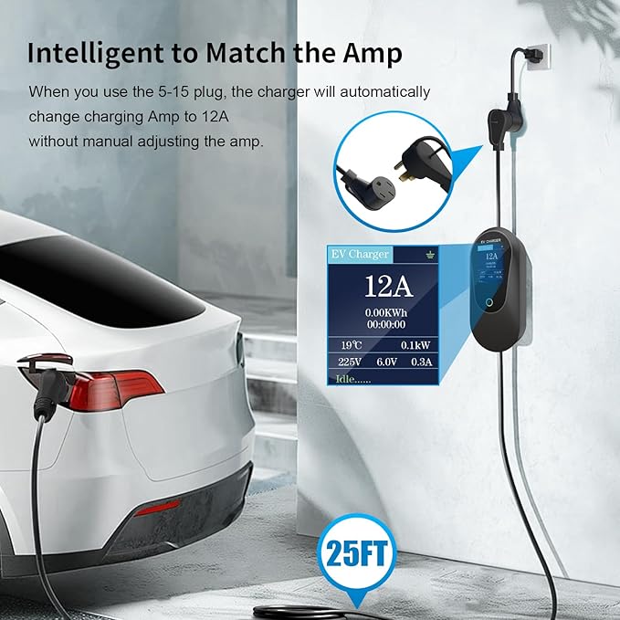 Level 2 EV Charger Station, for SAE J1772 EV Cars (40A, 240 Volt, 25ft Cable), FCC and UL Certified, with NEMA 14-50 Plug,5-15 to 6-20 Plug, J1772 to Tesla Adaptera