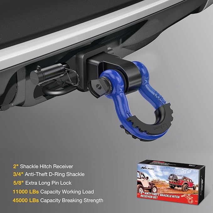 Nilight Anti-Theft Shackle Hitch Receiver 2Inch 45000 LBs Breaking Strength 3/4" Anti-Theft D Ring Shackle 5/8" Trailer Hitch Lock Pin Heavy Duty Solid Towing Kit for Trucks Off Road (Blue&Black)