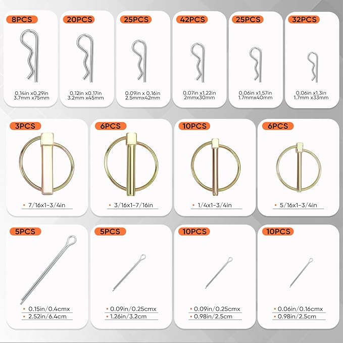 232PCS Hitch Pin, Trailer Pins Clip Pins Assortment Kit for railers Tractors Trucks Towing Mowing Farm Equipment Snow Plows Lawnmowers Garage Heavy Duty Trailers Accessories Tractor Attachments