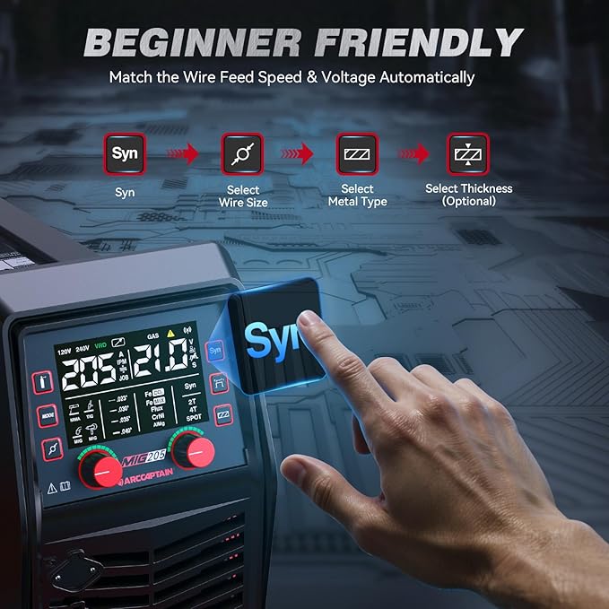 ARCCAPTAIN iControl MIG205 Pro MIG Welder 205A 120V 240V Gas MIG/Gasless Flux MIG/MMA Stick/Lift TIG/Spot Welding/Spool Gun Aluminum Welding Machine, 6 in 1 Professional Welder Machine, APP Control