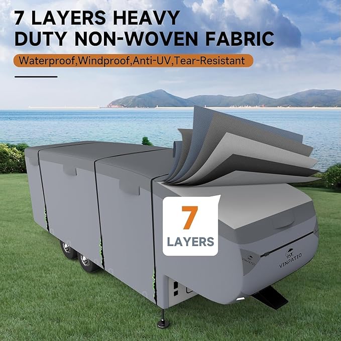 5th Wheel Cover: Heavy Duty Fifth Wheel Cover Fits 37'-40' RV, 7 Layers Waterproof Windproof 5th Wheel RV Cover Ripstop, with Gutter Cover & 3 Pcs Extra Straps