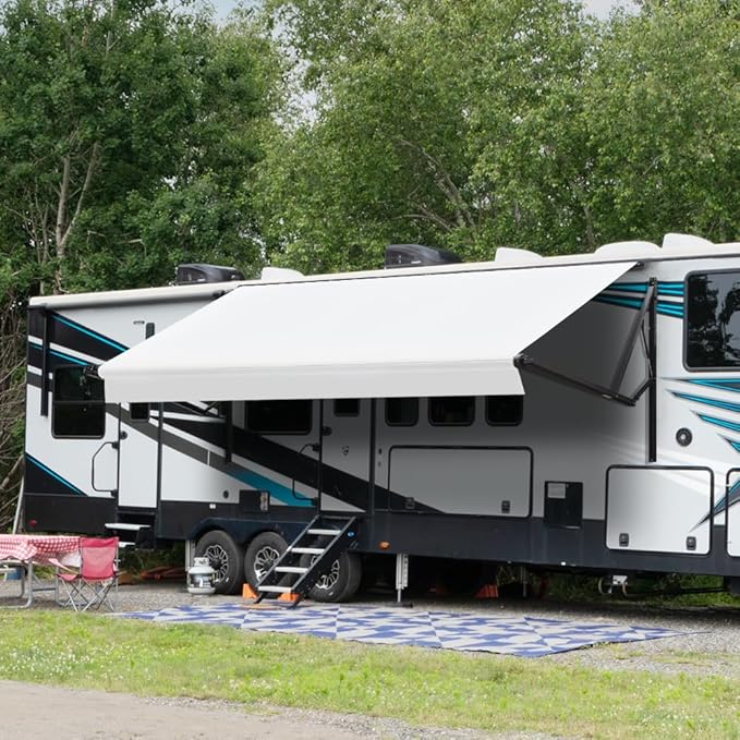 Suncode Black Motorized RV Awning Modular Retractable RV Awning Complete Kit for RV,5th Wheel,Travel Trailers,Toy Haulers,and Motorhome RV Trailer Awning for Home or Camper-12x8Ft-White