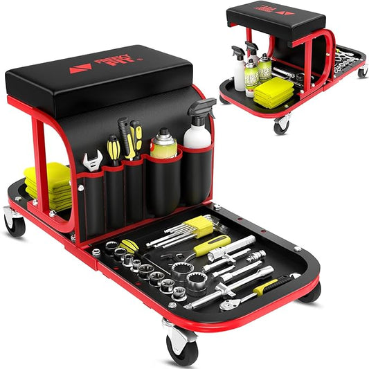 Rolling Shop Stool Chair with Wheels, Mechanic Garage Stool on Wheels, Auto Car Detailing Stools Seat with Tool Tray Storage for Garage Work, Workshop, Home, Garden, DIY, 300 LBS Capacity,Red