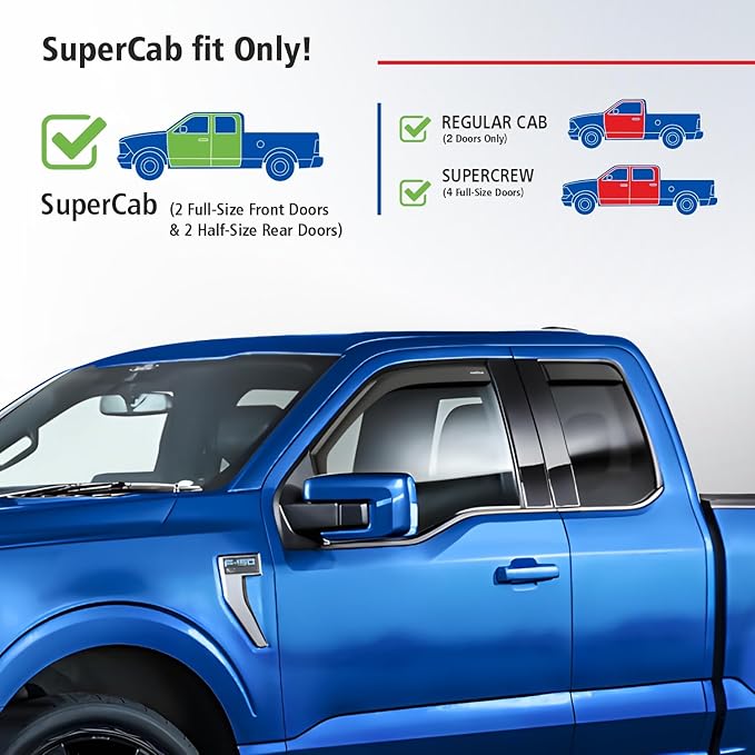Goodyear Shatterproof in-Channel Window Deflectors for Ford F150 2021-2026 SuperCab, Rain Guards, Window Visors for Cars, Vent Deflector, Car Accessories, 4 pcs - GY003495