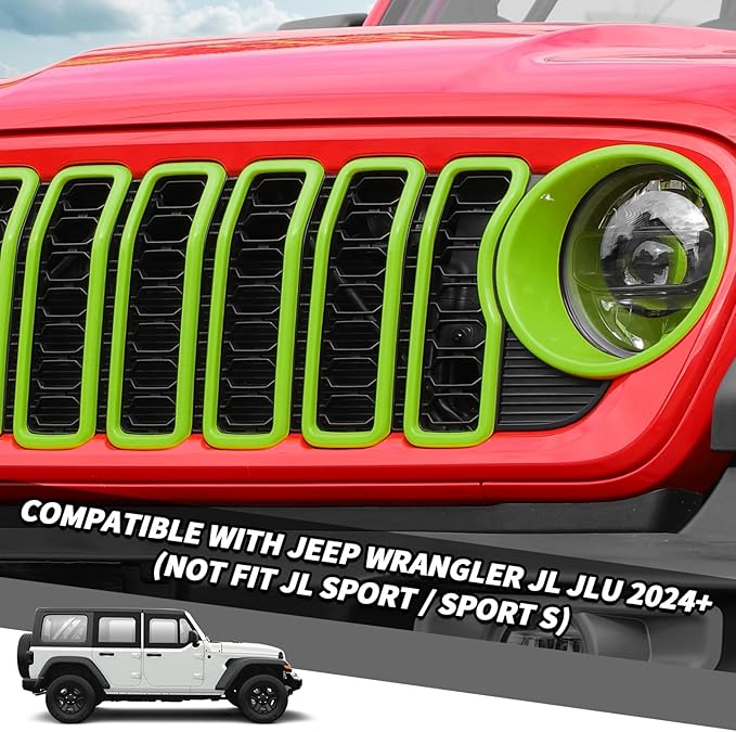 Jimen for 2024 Jeep Wrangler 4xe grill inserts, 9PCS Headlight Cover & Grille Insert Compatible with Jeep Wrangler JL JLU 2024+, NOT FIT JL Sport/Sport S (Green)