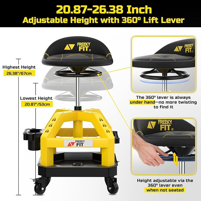 Rolling Shop Stool for Garage with Casters, DO02-Adjustable Height 360° Swivel Shop Seat with Tool Tray Storage, 330 LBS Capacity Padded Mechanic Stool, Magnetic Tool Hold, Heavy Duty,Yellow