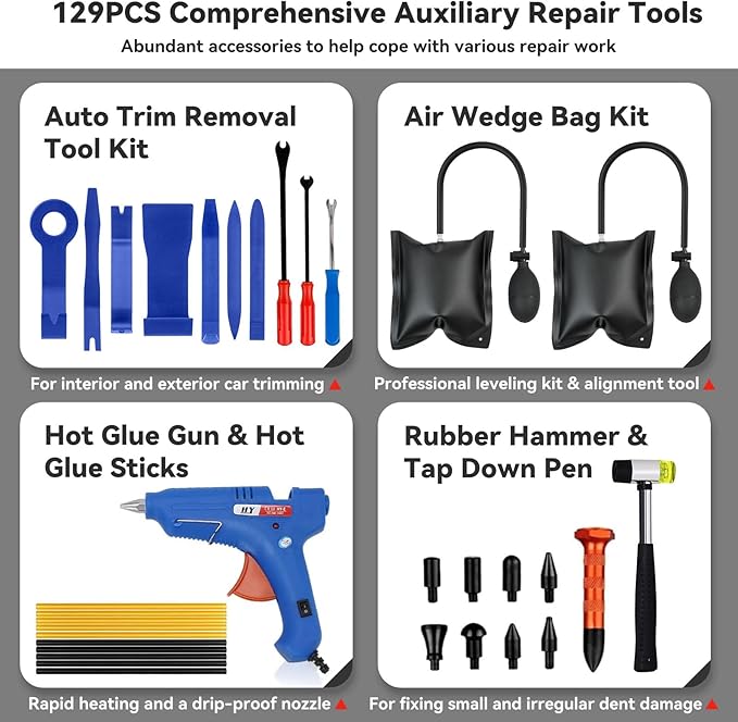 129pcs Dent Puller Kit, Dent Remover Tool for Car, Paintless Dent Removal Kit with T-Bar, Bridge Puller, Golden Lifter, Car Dent Puller Tool for Hail Damage Door Ding Fridge