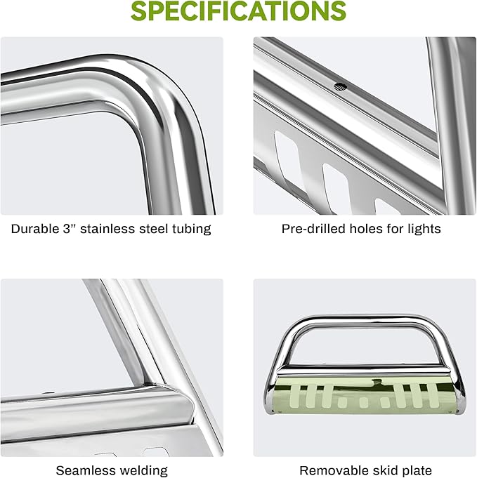 AUTOSAVER88 Bull Bar Compatible for Ford 2004-2023 F150 F-150, Push Front Bumper Grill, Bull Bar w/3" Tube,Stainless Grille Guard with Skid Plate Chrome