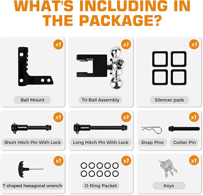 Kingfun Adjustable Trailer Hitch - Drop Hitch 2.5 Inch Receiver, 6 Inch Drop/Rise Tow Hitch, Tri Ball (1-7/8" & 2" & 2-5/16" Balls), 18500 Lbs Gtw, Aluminum Heavy Duty Hitch with Anti-Theft Pins