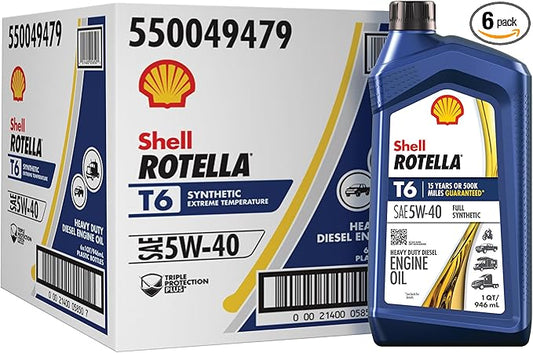 Shell Rotella T6 Full Synthetic 5W-40 Motor Oil, 1 Quart (6 Pack)