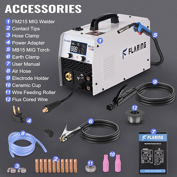 FLARING 215Amp MIG Welder 120V/240V 6 IN 1 Welding Machine Flux Core/Gas MIG/Stick/Lift TIG/Spot welding/Spool Gun Multi-Process Aluminum Welding 2lbs/11lbs Wire Competible LED Display Portable Welder