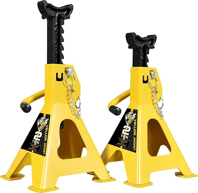 YELLOW JACKET 2 Ton Jack Stands with Double Locking and Large Foot Base for Lifting Car, Heavy Duty Steel, 4,400 lb Capacity, Yellow, 1 Pair