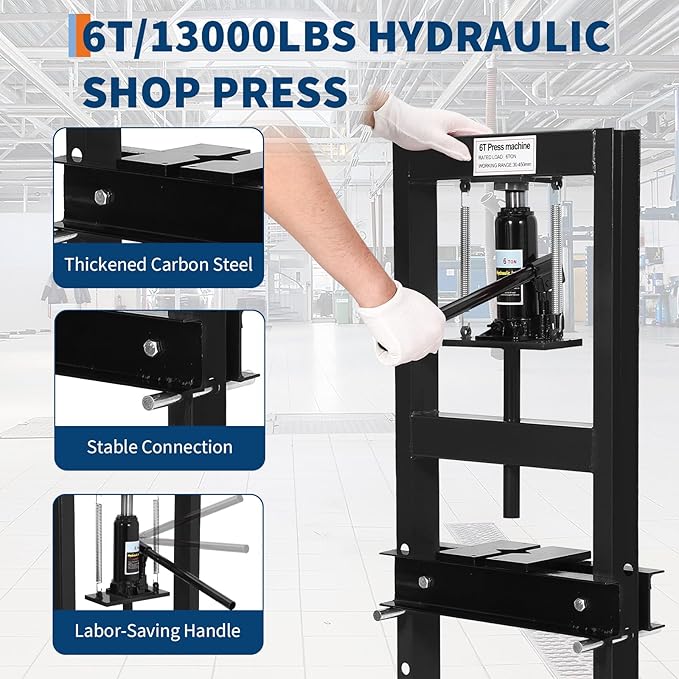6 Ton H Frame Hydraulic Shop Press,Floor Press with Adjustable Height Stamping Plates,Built in Relief Valve for Bending Straightening Bearings u Joints Car Repair Professional Use 18.9"×15.75"×36.8"