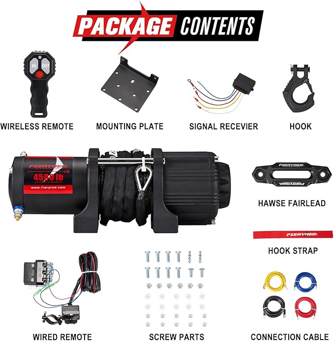 FIERYRED ATV/UTV Winch 12V 4500 lb Electric Winch with Synthetic Rope, with Wireless Remote Control Hawse Aluminium Fairlead & Mounting Bracket, Waterproof IP67