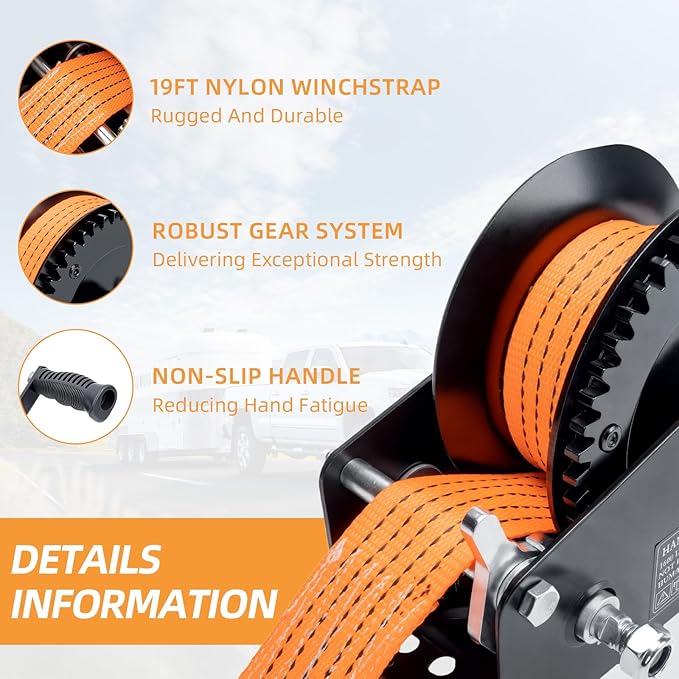 1600LBS Heavy Duty Boat Trailer Winch with 19FT Strap, 2-Way Ratchet, 4:1 Gear Trailer Winch, Portable Hand Crank for Boat, Truck, Trailer, RV, ATV, Jet Ski (1600lbs Orange Strap Winch)