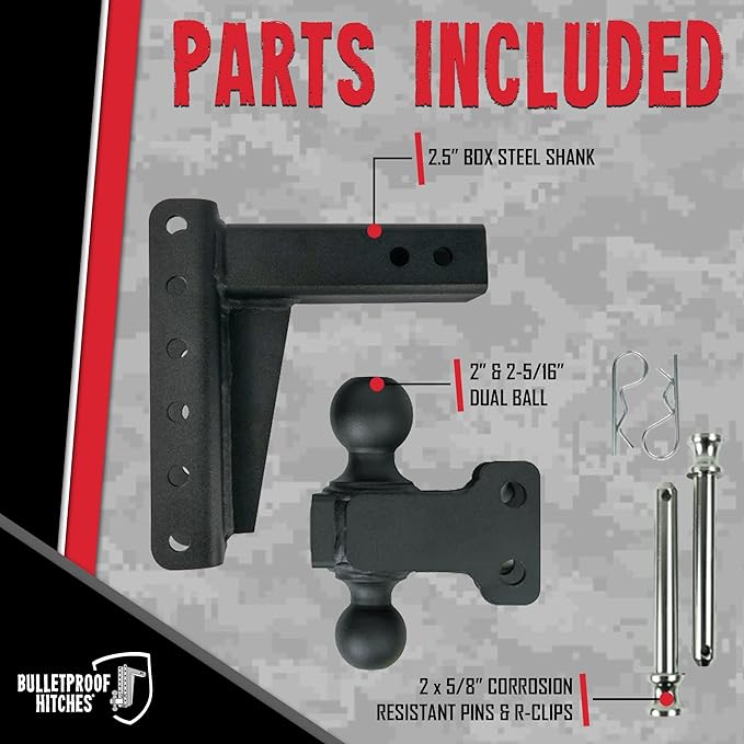 BulletProof Hitches - 2.5" Adjustable Medium Duty Trailer Hitch (14,000 lb. Rating) - 6" Drop/Rise Trailer Hitch with 2" & 2-5/16" Dual Ball - Powder Coat, Box Steel, Corrosion-Resistant