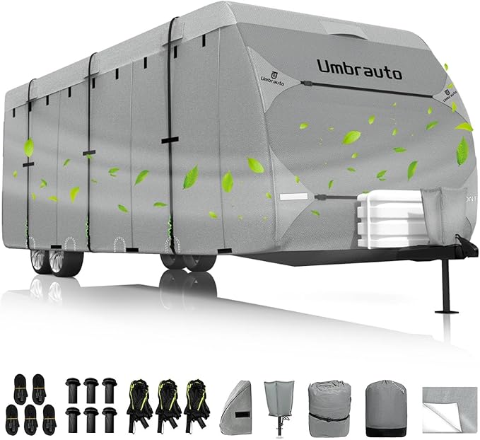 Umbrauto RV Cover Fits 38-40ft Travel Trailer: Lightweight, Waterproof Camper Cover for Toy Hauler, Winter Campsite, with Gutter Covers, Tongne Jack Covers, Windproof Straps