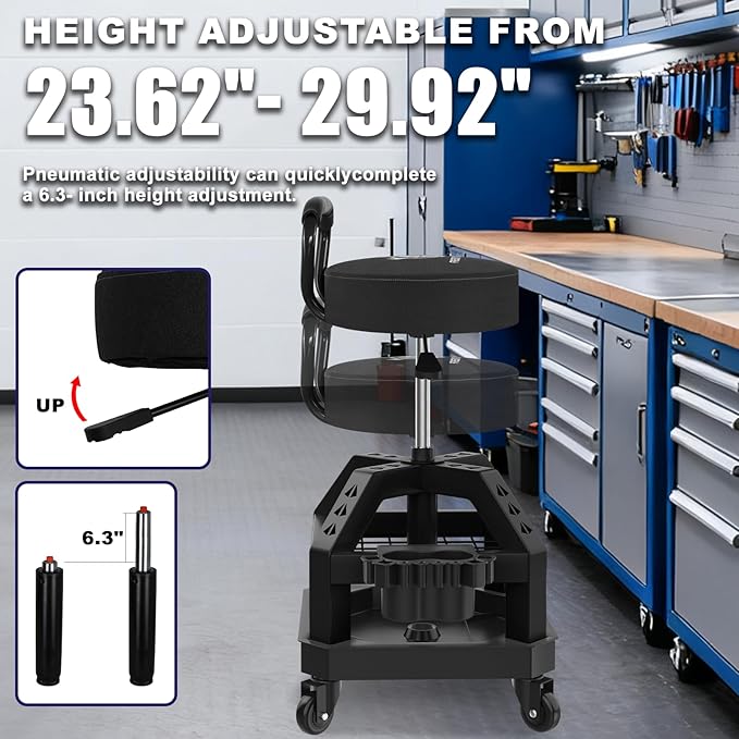 Rolling Shop Stool with Wheels, Heavy Duty Garage Work Mechanic Stool with Backrest, Adjustable Height 360°Swivel Rolling Chair with Tool Tray Storage, 330 LBS Capacity, Black