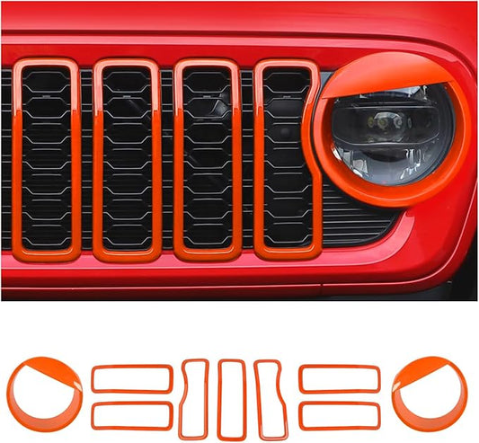 Front Grill Insert+ Headlight Bezels Cover Kit Compatible with 2024-2025+ Jeep Wrangler JL JLU & Gladiator JT, Not Fit for JL Sport & Sports(Orange,Style A)