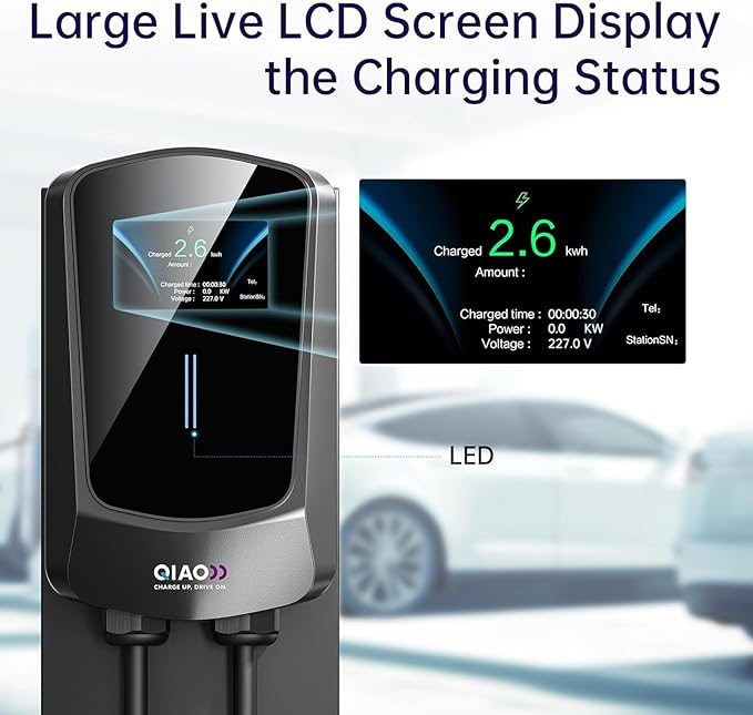 QIAO Level 2 EV Charger, Up to 48A Hardwired Electric Car Charger, Wi-Fi Bluetooth APP Enabled EVSE, 4.3in Display, 25ft Cable, Charge Station Compatible with All SAE J1772 EV Models (Black)